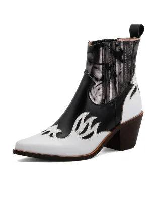 Women's Pointed Toe 2 inches Height Chunky Heel Leather Boho Boots